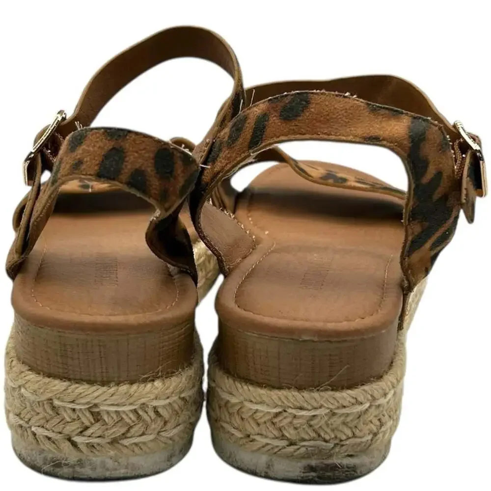 Cushionaire Leopard Print Espadrille Platform Sandals Ankle Strap Wedge Size 11M